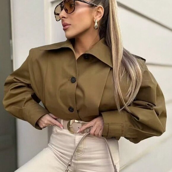 Casual Women's Pleated Jacket Long Sleeve Cropped Coat Trench Jackets Stre - Picture 3 of 11